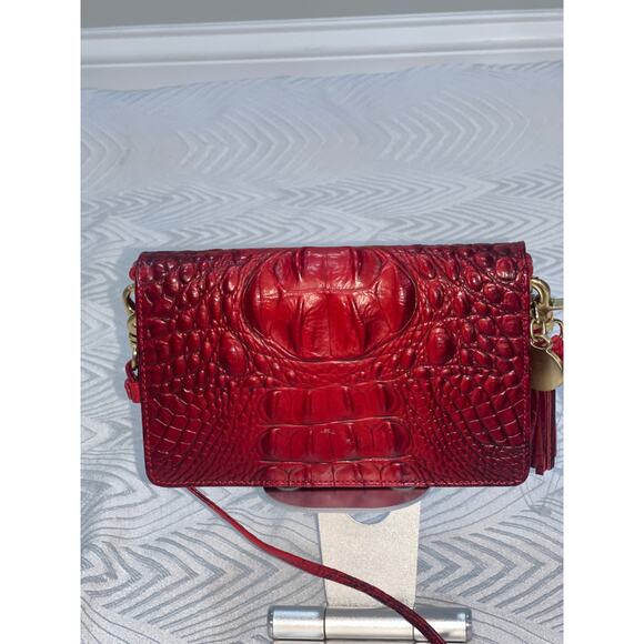 Brahmin Red Crocodile-Embossed Crossbody Bag with Chain and Multiple Pockets - Picture 1 of 15